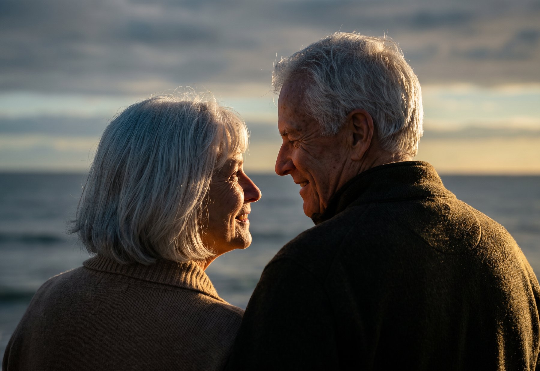 An older couple sitting together above the ocean at sunset, turning to look at each other